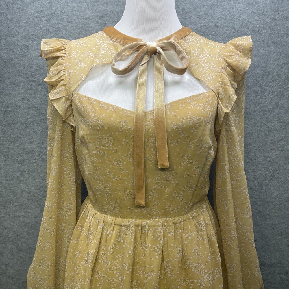 Lulus Yellow Floral Cutout Mini Dress Sz M Velvet Trim Long Slv Whimsy Romantic - Picture 10 of 13
